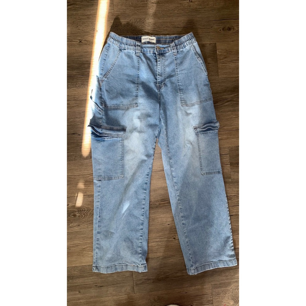 Gogo Jeans Womens Light Wash Denim Cargo Pants Wide Leg Elastic Waist Size 14